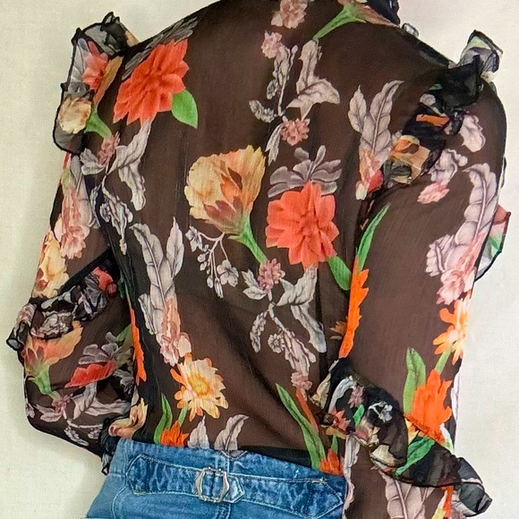 Jade & Cloud Sheer Button up Floral, Ruffle Black Bodysuit,  Size Small - Picture 13 of 15